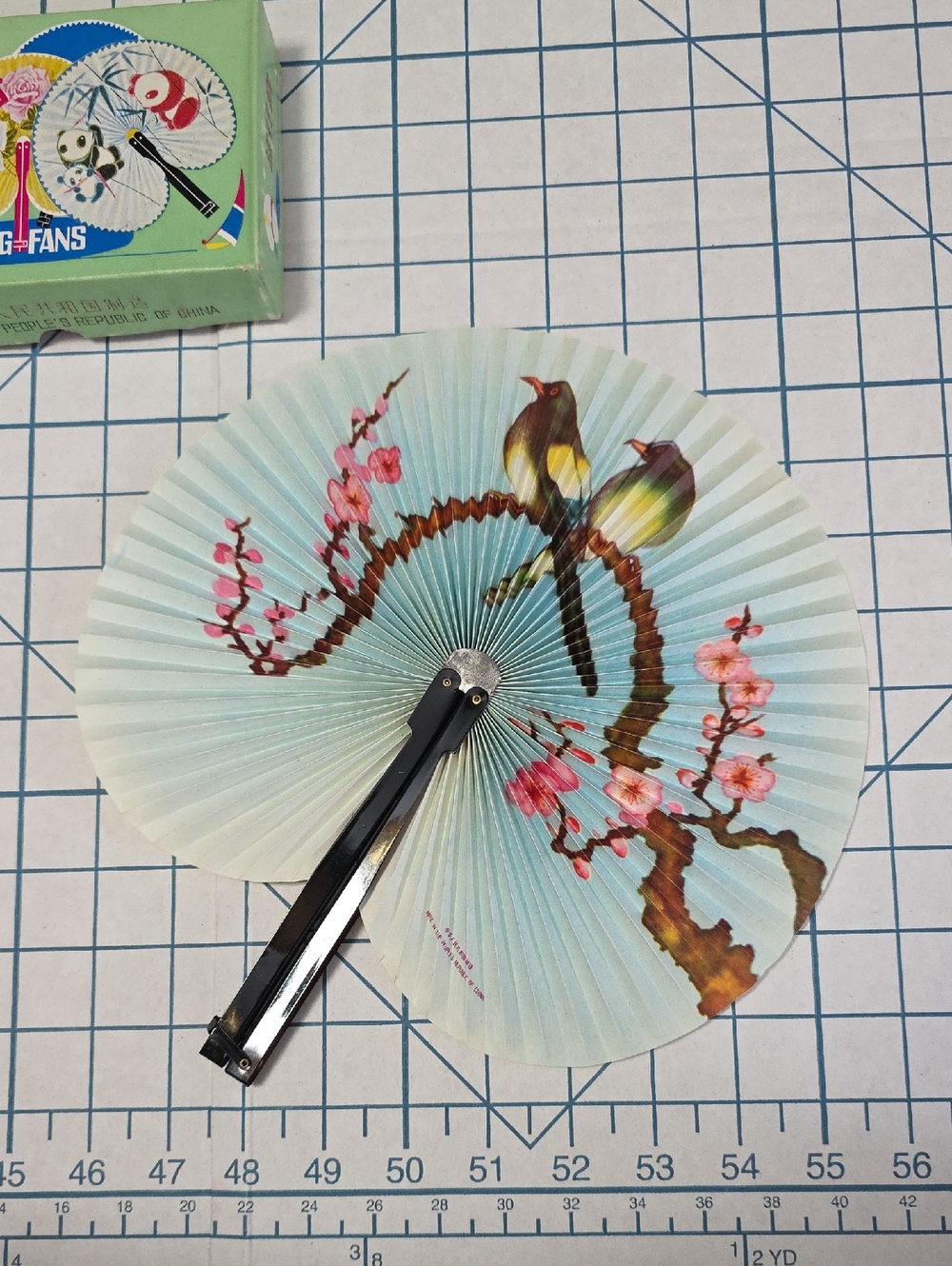 Chinese Paper Folding Hand Fan W/Metal Handle, VTG Mid-Century, #52